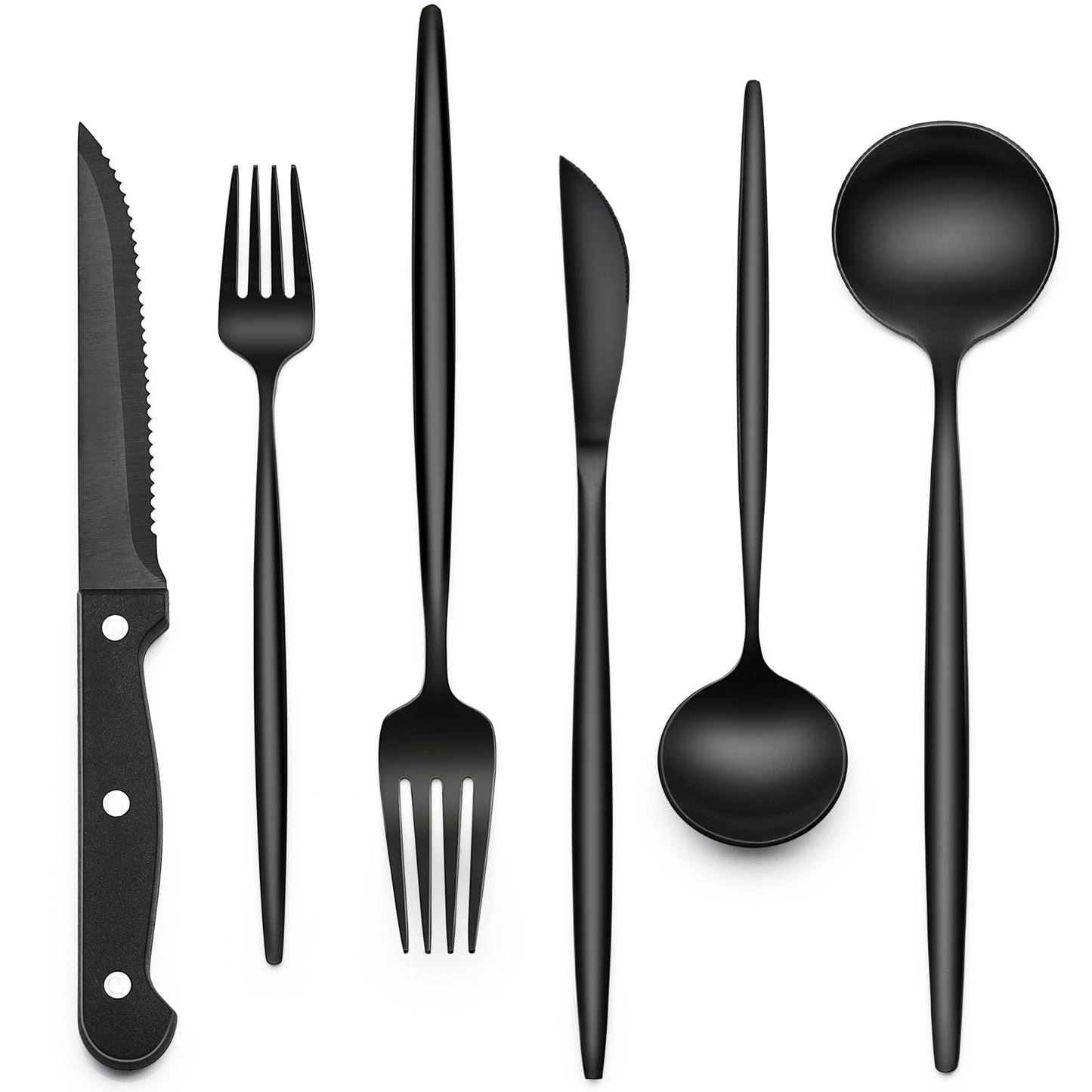 24-Piece Black Silverware Set with Steak Knives, Black Flatware Set for 4, Food-Grade Stainless Steel Tableware Cutlery Set, Mirror Finished Utensil Sets for Home Restaurant