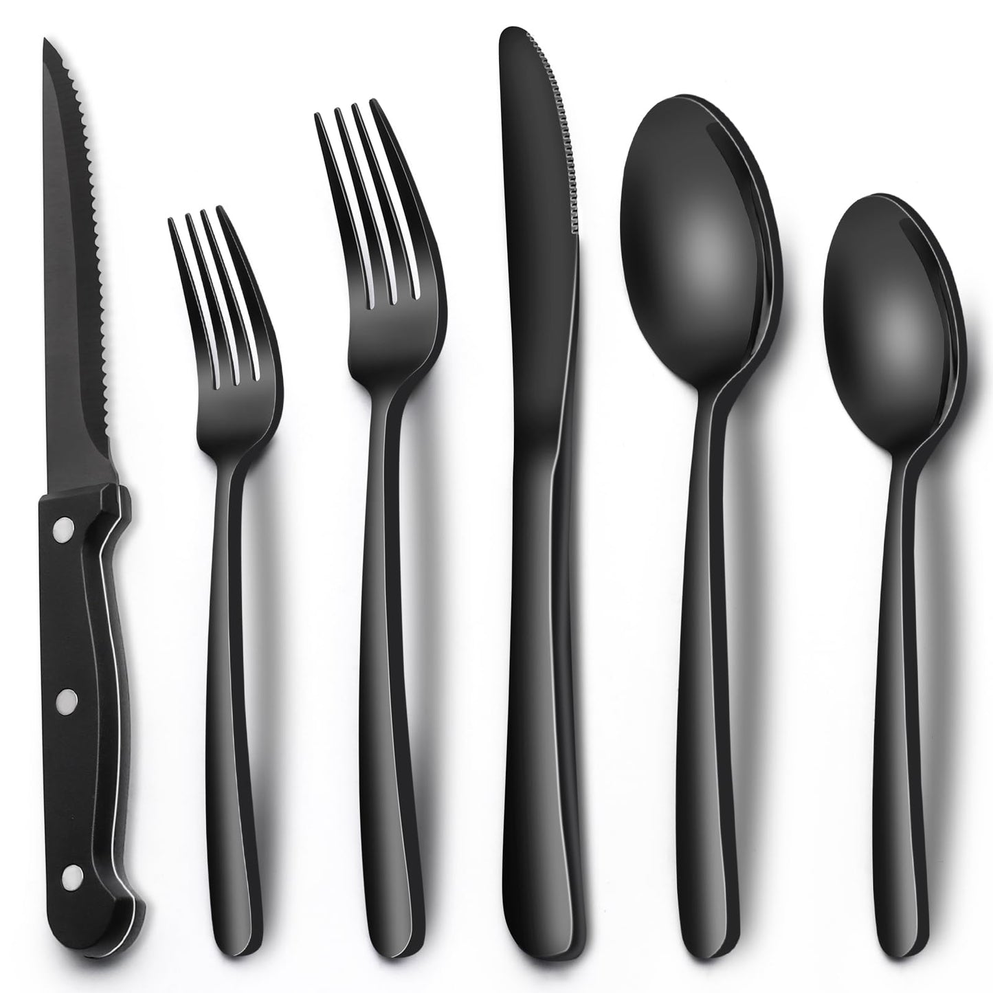 24-Piece Black Silverware Set with Steak Knives, Black Flatware Set for 4, Food-Grade Stainless Steel Tableware Cutlery Set, Mirror Finished Utensil Sets for Home Restaurant