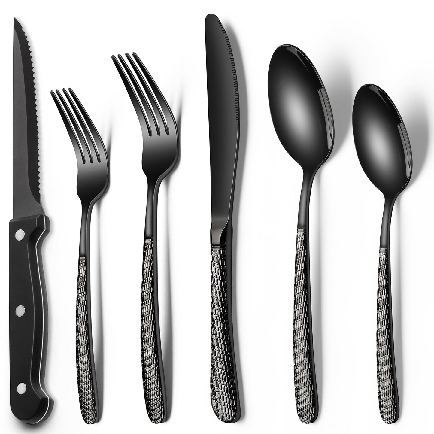 24-Piece Black Silverware Set with Steak Knives, Black Flatware Set for 4, Food-Grade Stainless Steel Tableware Cutlery Set, Mirror Finished Utensil Sets for Home Restaurant