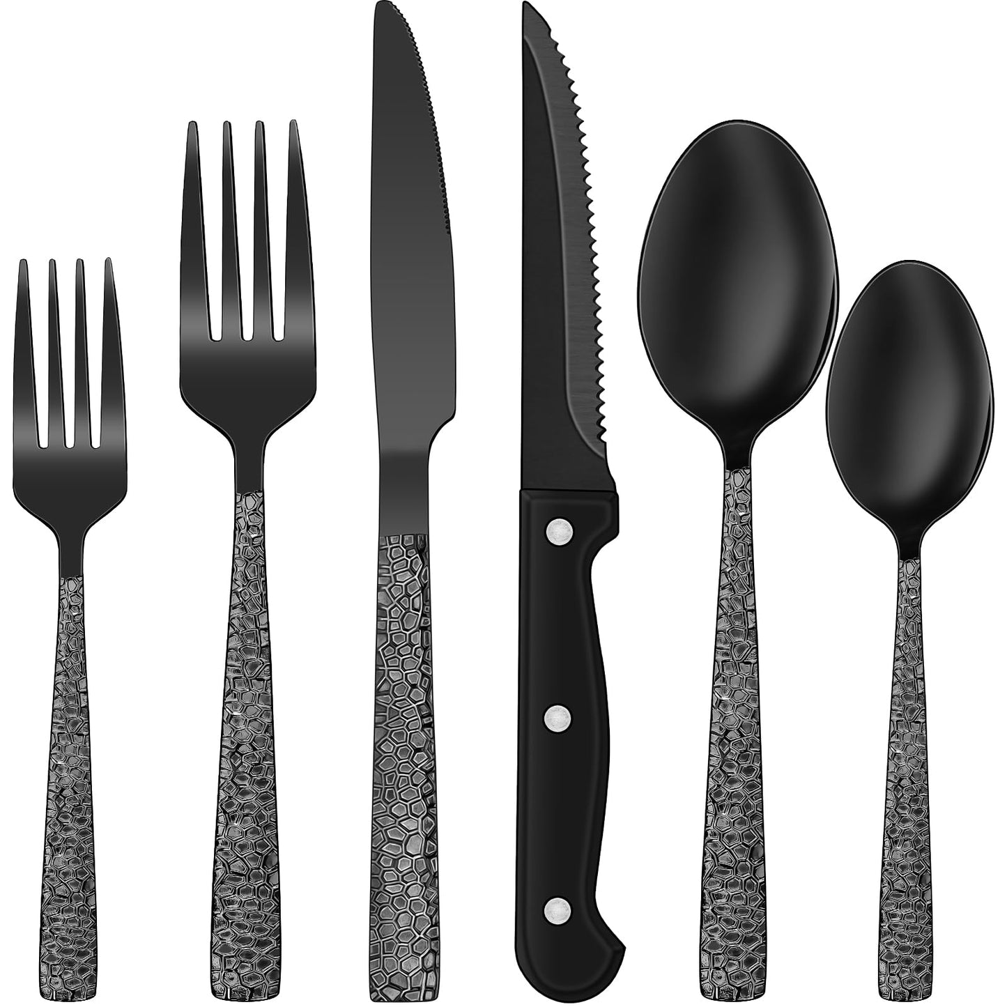 24-Piece Black Silverware Set with Steak Knives, Black Flatware Set for 4, Food-Grade Stainless Steel Tableware Cutlery Set, Mirror Finished Utensil Sets for Home Restaurant
